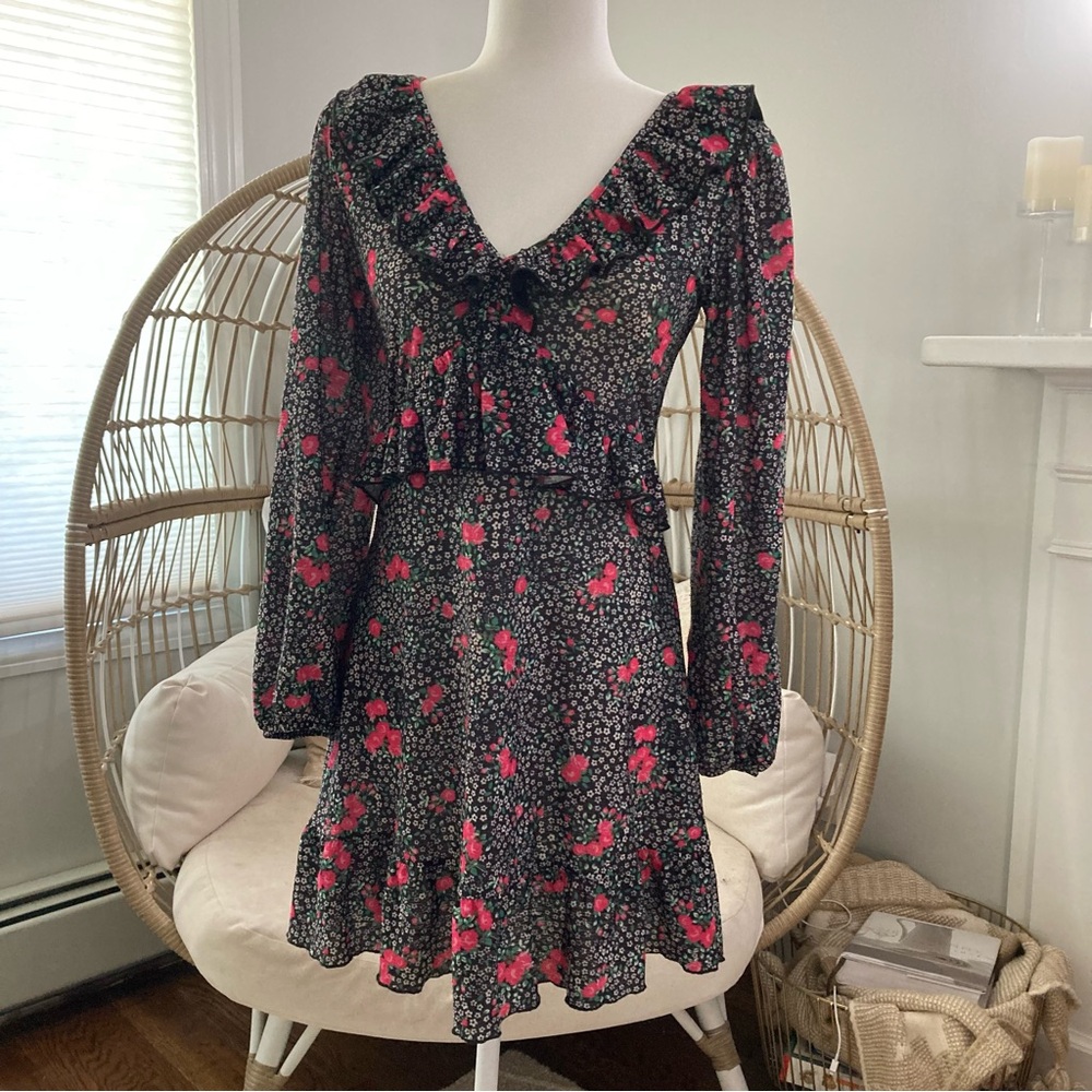 Topshop Floral Mini Dress Ruffle Tie Back Long Sleeve Sz 4 Cottagecore Boho Chic